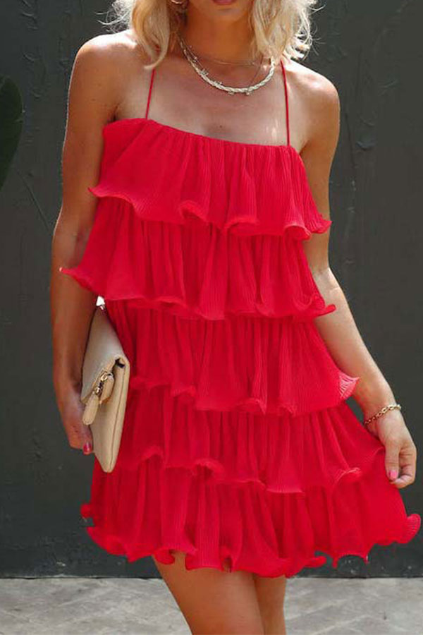 storexq Solid Color Sweet Tiered Ruffle Mini Dress