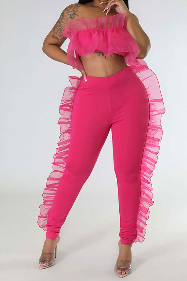 storexq Solid Color Cute Mesh Ruffle Design Pant Suit