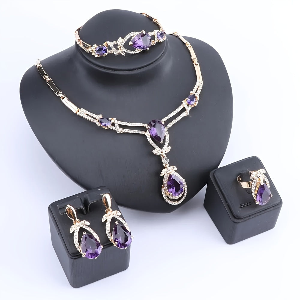 Dangle Earrings + Necklace + Bracelet + Ring Elegant Jewelry Set 18k Gold Plated Inlaid Purple Gemstone Golden Or Silvery Pick A Color U Prefer