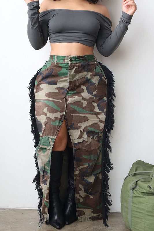 storexq Camouflage Cool Side Tassel High Split Skirt