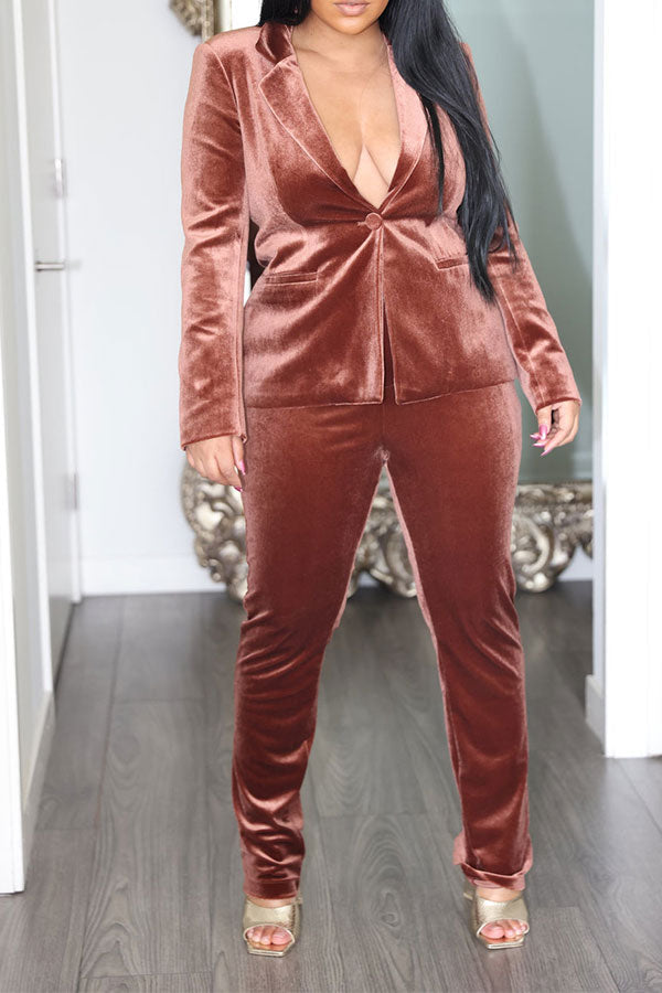 storexq Solid Color Notched Lapel Feminine Pant Suit