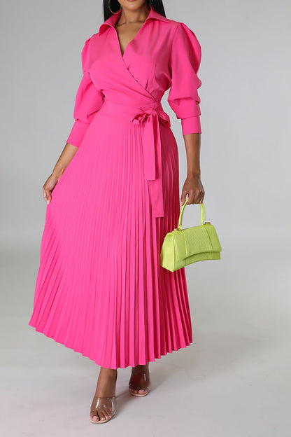 storexq Solid Color Commuting Belted Pleated Midi Dress