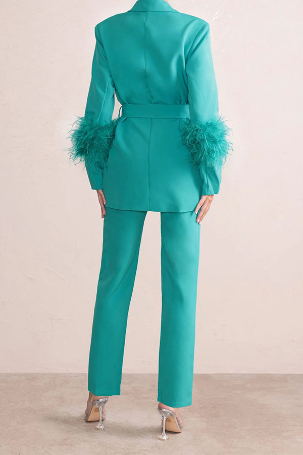 storexq Solid Color Feather Trim Elegant Belted Pant Suit