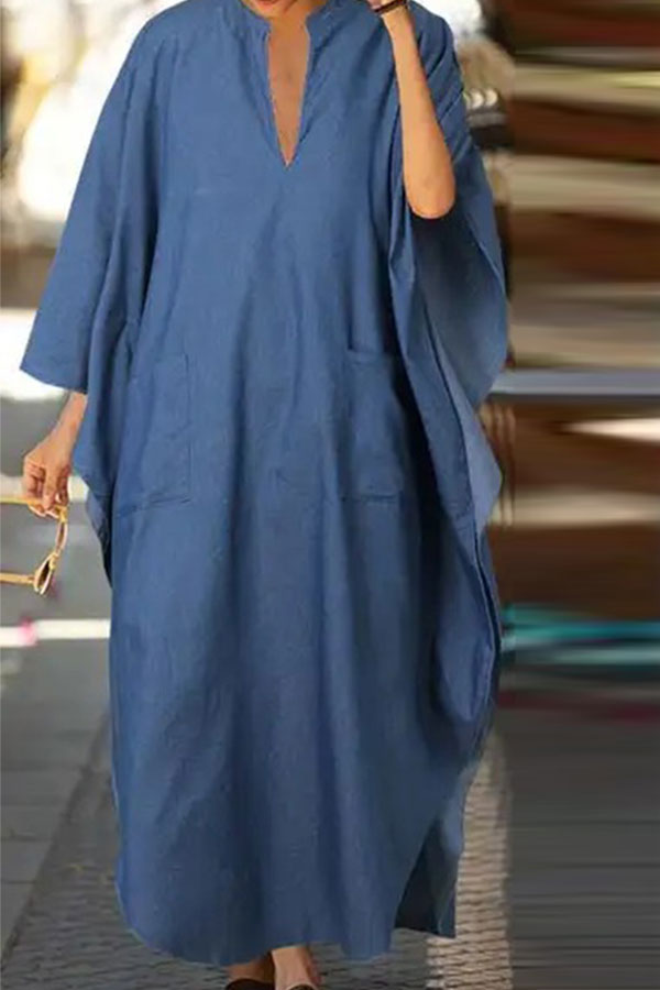 storexq Solid Color Simple Patch Pocket Denim Maxi Dress