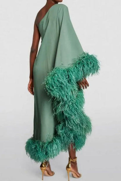 storexq Solid Color Unique Feather Patchwork Maxi Dress