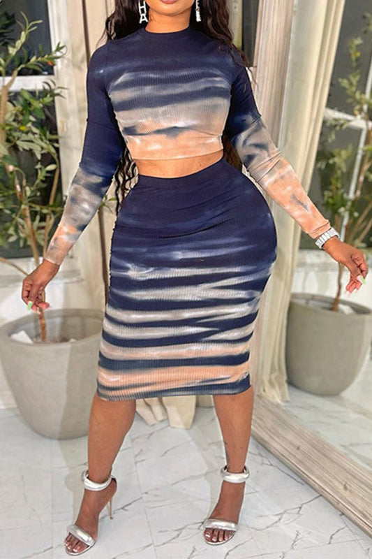 storexq Gradient Abstract Print Simple Bodycon Dress Suit