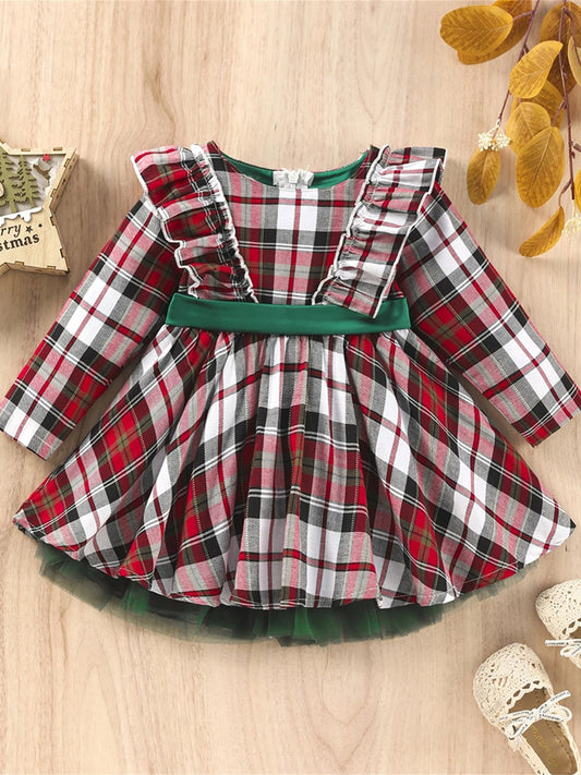 Festive Plaid Bowknot Belted Party Dress for Girls - Christmas and Birthday Occasions, Adjustable Waist, Comfortable Fabric, Elegant Design - Perfect for Holiday Celebrations and Special Events