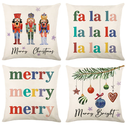 4 Pcs/set Christams Throw Pillow Cover With Four Design: Plaid Trees, Bows, And Messages Like Merry & Bright, Let It Snow; Red Black & White Tones Creates Cozy Holiday Feel, Home Decor, 17.7*17.7inch