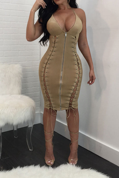 namcoverse Solid Color Hot Eyelets Strappy Cutout PU Mini Dress