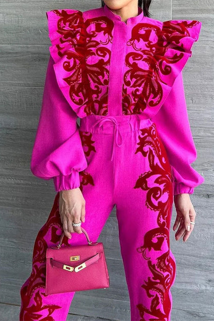 storexq Floral Print Sweet Ruffle Patchwork Pant Suit