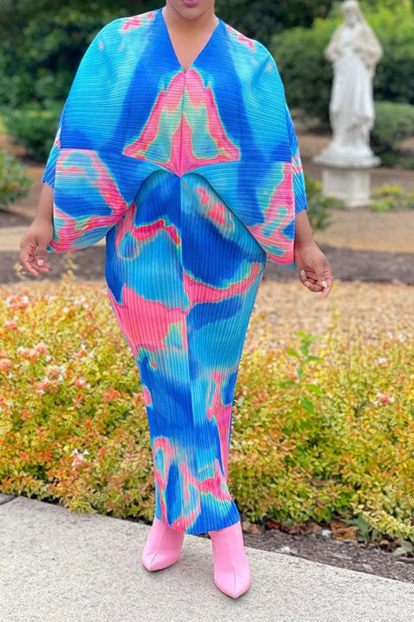 storexq Tie Dye Colorful Batwing Sleeve Midi Dress