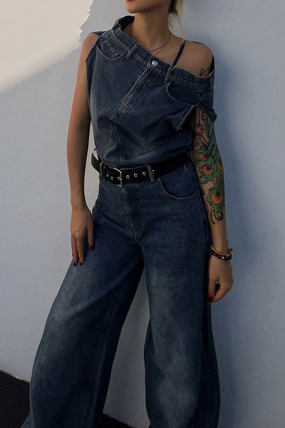 storexq Blue Unusual Belted Wide Leg Denim Pant Suit