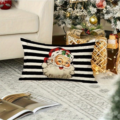 Contemporary Striped Linen Throw Pillow Cover 12x20inch - Christmas Santa Claus Cushion Case with Zipper, Machine Washable, Festive Decoration for All Rooms - 1pc (No Insert) Black & White