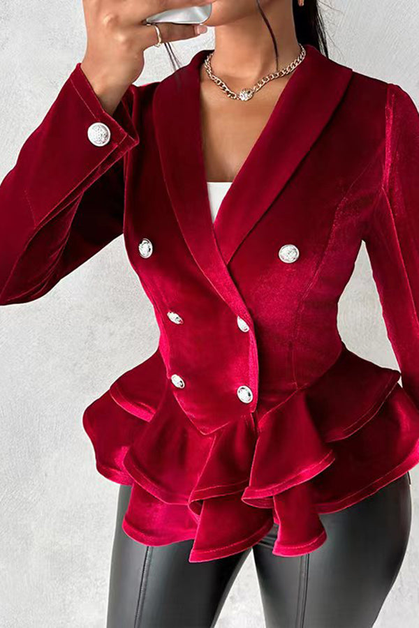 storexq Solid Color Velvet Glamorous Tiered Peplum Blazer