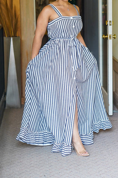 storexq Striped Classic Button Down Belted Midi Dress