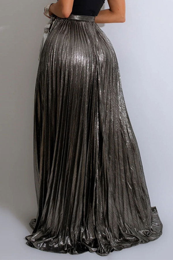 storexq Metallic Glistening High Split Pleated Skirt