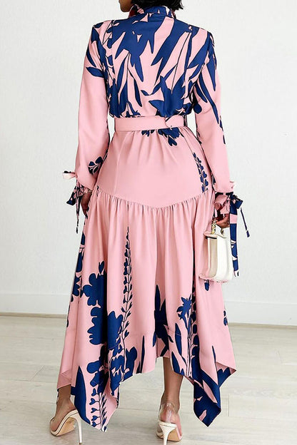 namcoverse Floral Print Feminine Belted Irregular Maxi Dress