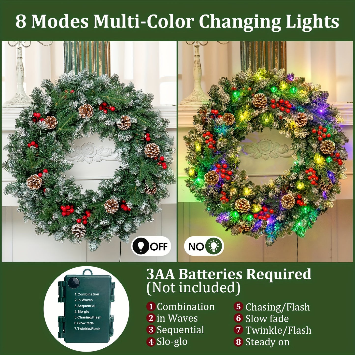 24" Pre-Lit Christmas Wreaths, Lighted Christmas Wreath For Front Door, Christmas Red Berries, Pine Cones Wreath, Xmas Wreath Decor For Window Fireplace, Green