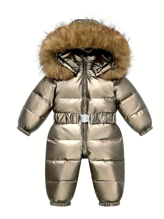 Baby's Warm Hooded Down Jacket, Thickened Long Sleeve Snowsuit With Zipper For Outdoor Wear