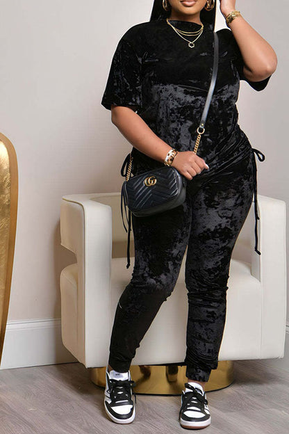 storexq Velvet Solid Color Sporty Side Drawstring Pant Suit