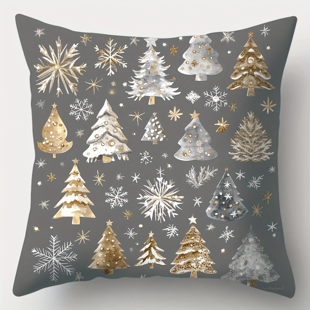 Contemporary 4-Pack Christmas Throw Pillow Covers 17.7" - Polyester, Zippered, Machine Washable, Festive Golden & Gray Print for Living Room Decor - Snowman, Trees, Winter Designs, Woven Pillowcases (No Pillow Core)