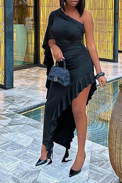 storexq Solid Color Sophisticated Ruffles High Split Asymmetric Midi Dress