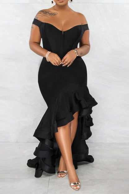 storexq Solid Color Rocking High Low Ruffle Maxi Dress