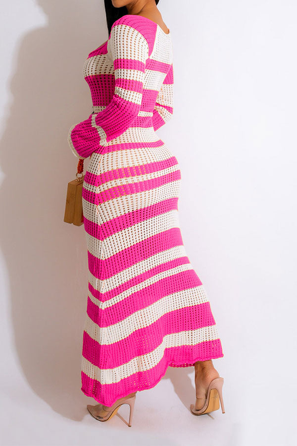 storexq Color Block Casual Hollow-Out Knitted Maxi Dress