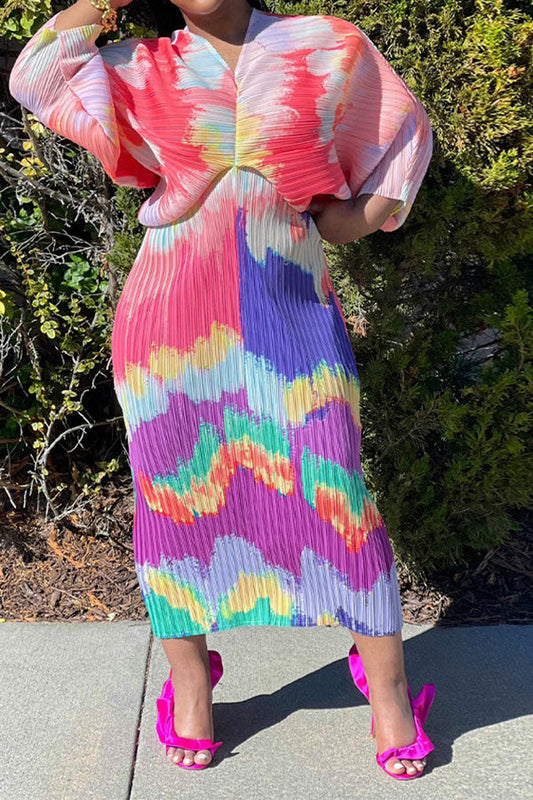 storexq Tie Dye Colorful Batwing Sleeve Midi Dress