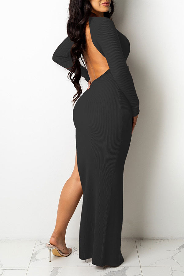 storexq Solid Color Deep V Neck Romantic High Split Maxi Dress