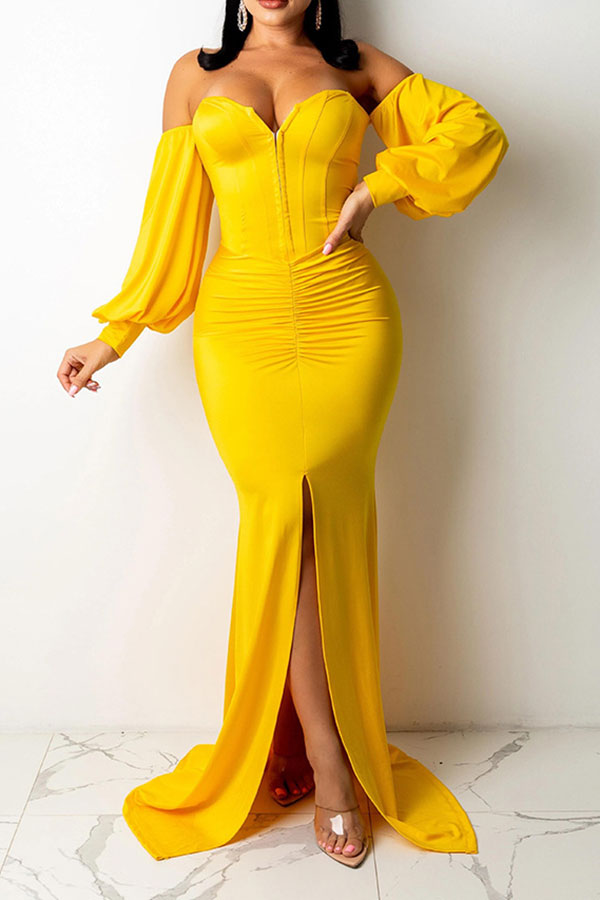 storexq Solid Color Glamorous Off Shoulder Fishtail Maxi Dresses