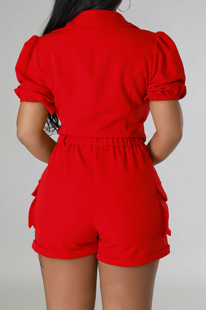 storexq Solid Color Feminine Patch Pocket Pant Suit