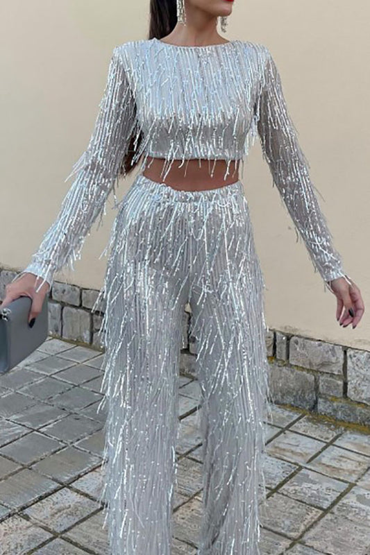 storexq Solid Color Sequined Glittery Tassel Pant Suit