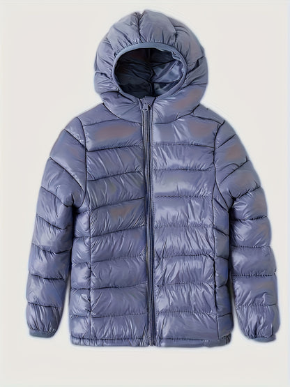 Kids' Hooded Puffer Jacket - 100% Polyester Casual Outerwear with Zipper, Solid Color, Non-Stretch Fabric, Regular Fit for Boys, Ideal for Fall/Winter - Polyester Fiber Insulated