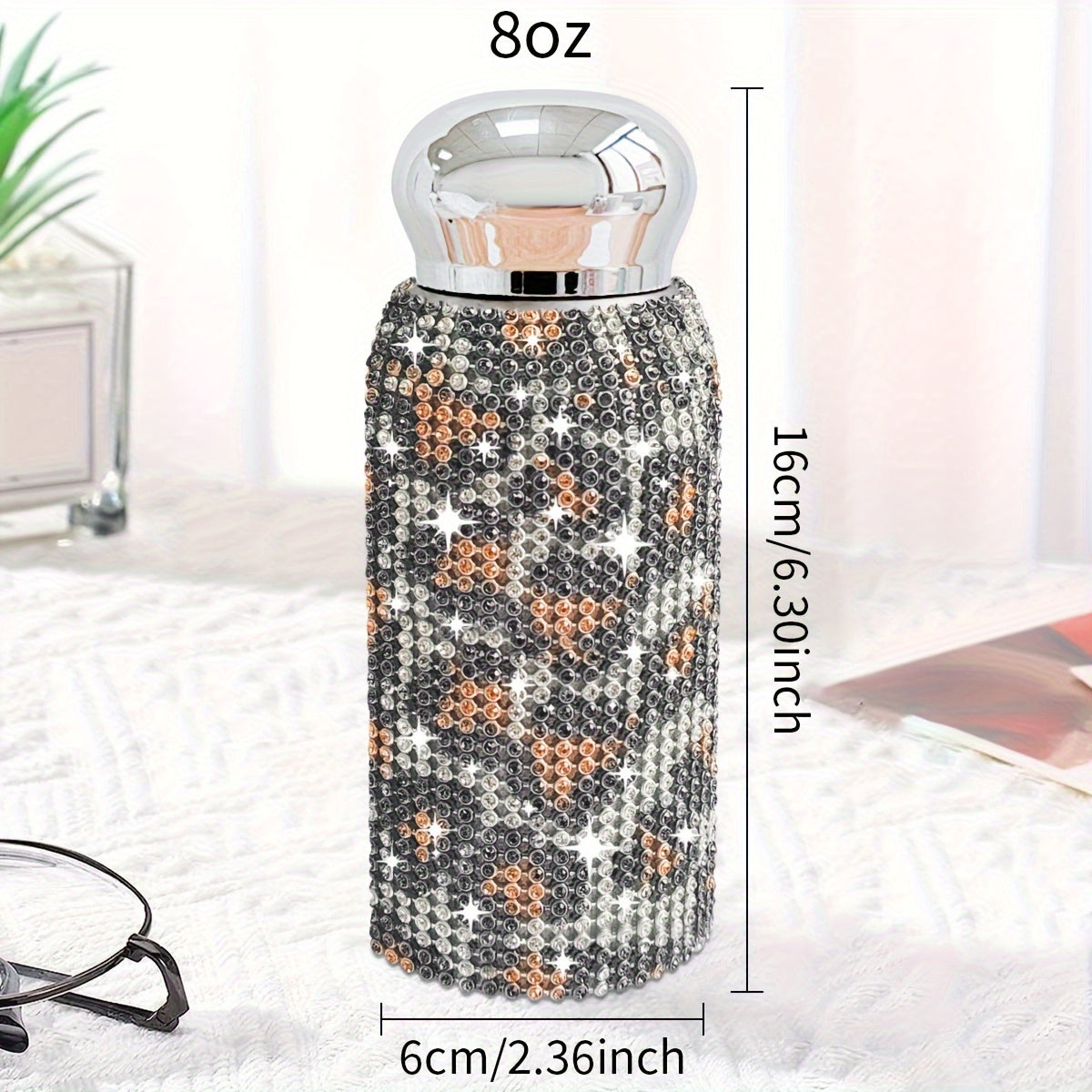 1pc, Sparkling Studded Vacuum Flask, 6oz/8oz Stainless Steel Insulated Water Bottles, Mini Travel Thermal Cups, For Hot And Cold Beverages, Summer Winter Drinkware, Christmas Gifts, Valentine's Day Gifts