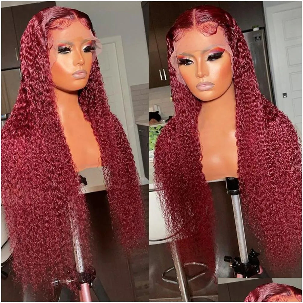 Synthetic Wigs Brazilian Hair Deep Wave Wig Bury Red Lace Front 13X4 Hd Frontal 360 Fl Curlywig Pre Plucked Drop Delivery Products Otxfz