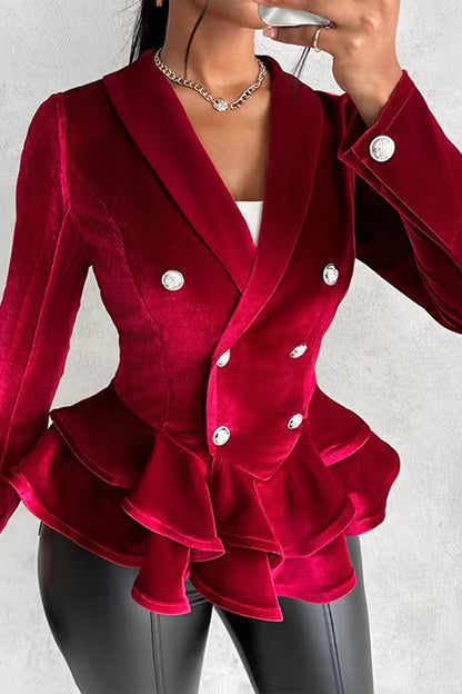 storexq Solid Color Velvet Glamorous Tiered Peplum Blazer