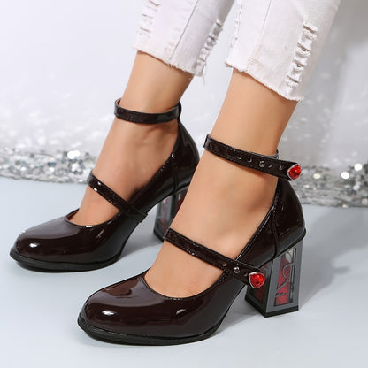 All-Season Elegance: Chic Crystal-Embellished Rose Block Heels with Ankle Strap – Timeless, Comfortable High Heel Elegance