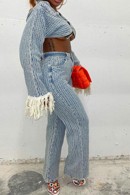 storexq Crochet Hollow-Out Stylish Wide Leg Denim Pant Suit