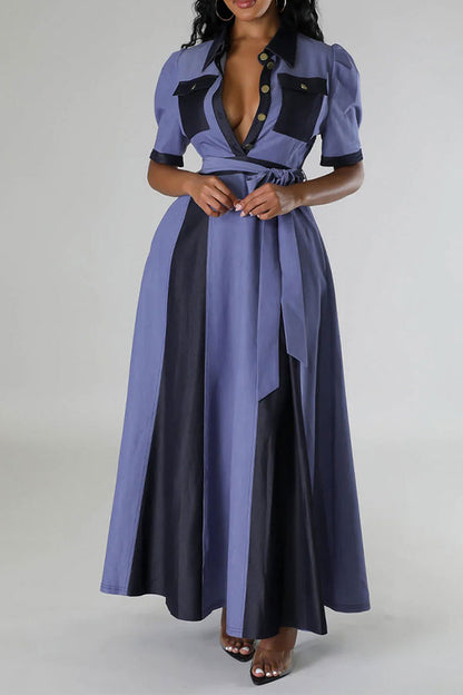 storexq Color Block Patchwork Classic Belted Maxi Dress