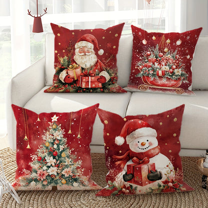 4pcs Velvet Plush Christmas Throw Pillow Covers - Soft, Cozy, One-Sided Printed Decorative Pillowcases for Winter Xmas Decor - 18in x 18in Perfect for Living Room, Bedroom, Sofa, and Bed Decoration - No Inserts Included