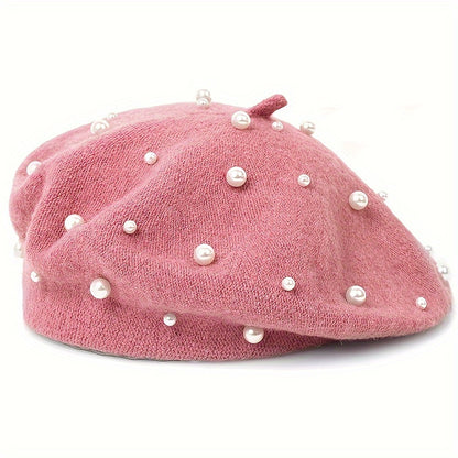 Stylish Pearl Embellished Beret Hat - Soft, Lightweight, Warm, and Elegant Solid Color Painter Cap for Women's Daily Use in Autumn and Winter - Perfect for Casual Outings and Formal Events