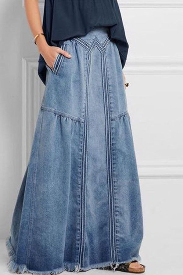 storexq Patchwork Simple Burrs Denim Skirt