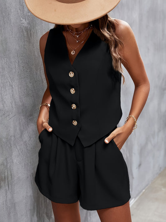 V Neck Sleeveless Suit Vest & Loose Pintuck Shorts Set - Elegant Polyester Solid Color Casual Wear for Women - No Elasticity, Woven, V Neckline, Slant Pocket, Button Front, and Sleeveless Design