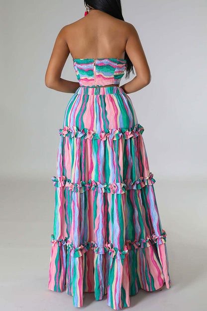 storexq Rainbow Stripe Flattering Tiered Ruffle Dress Suit