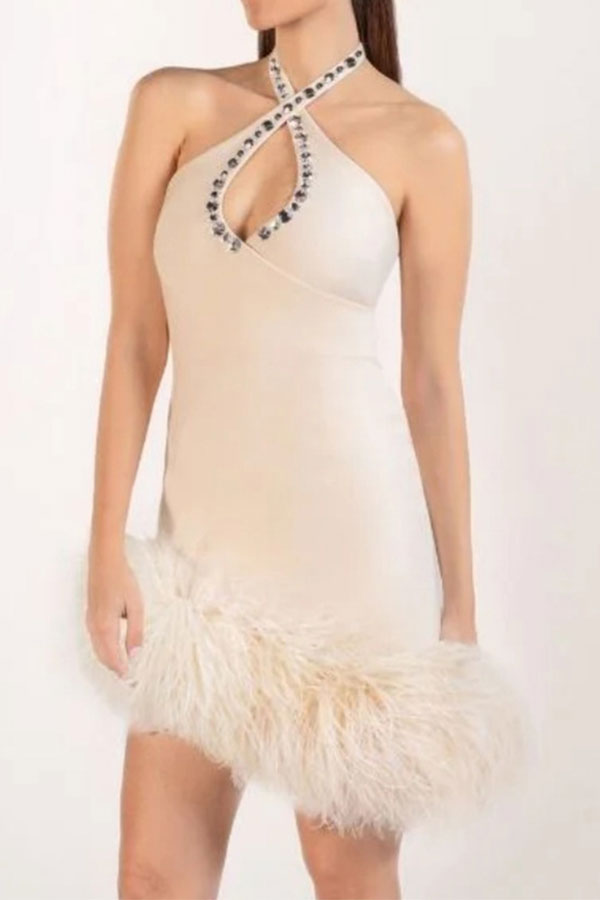 storexq Rhinestone Trim Cross Halter Glamorous Feather Hem Mini Dress