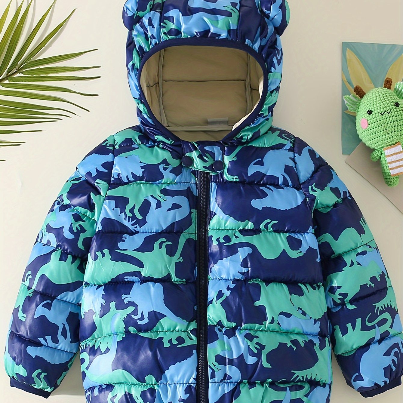 Toddler Boy Dinosaur Pattern Hooded Padded Jacket