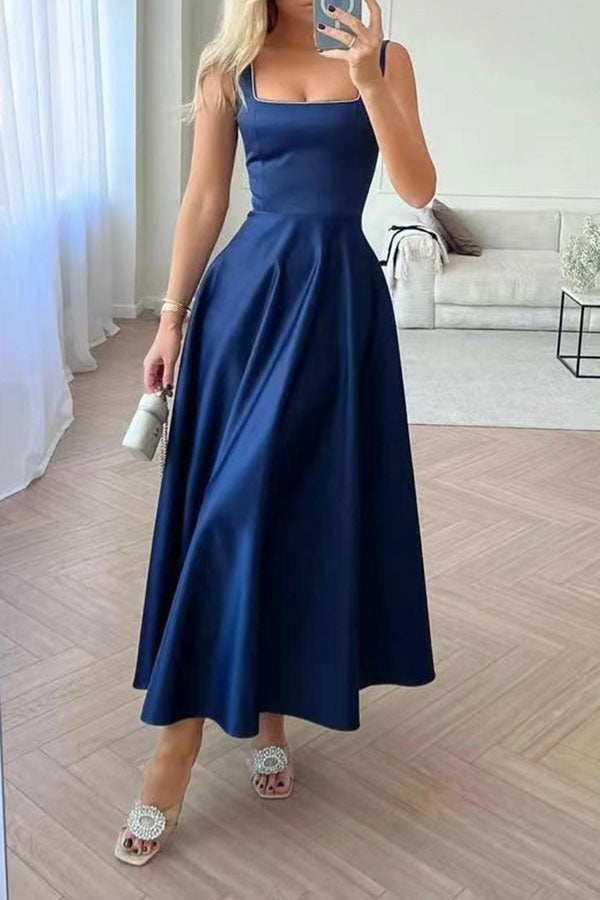 storexq Solid Color Simple Swing Pleated Midi Dress