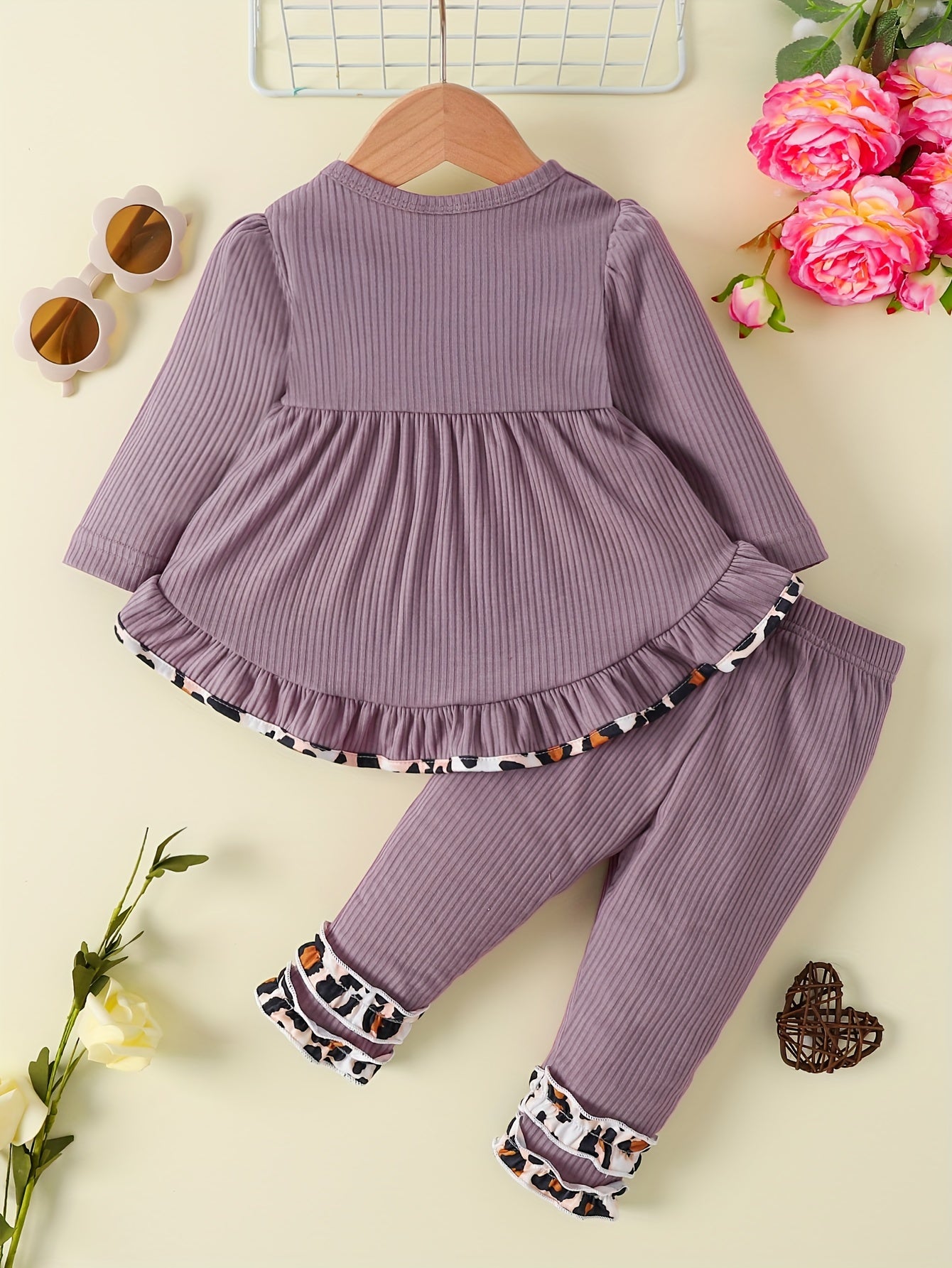 Toddler Baby Girl Cute Outfit - Puff Hem Dress Top + Elastic Pencil Pants Leopard Lace Letter Embroidery Set Outdoor Clothes