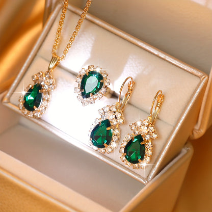 Droplet Shaped Emerald Rhinestone Pendant, Alloy Jewelry Set, Minimalist, Elegant Style For Fashion-Conscious Women, Including Necklace Earrings & Ring Female Gift